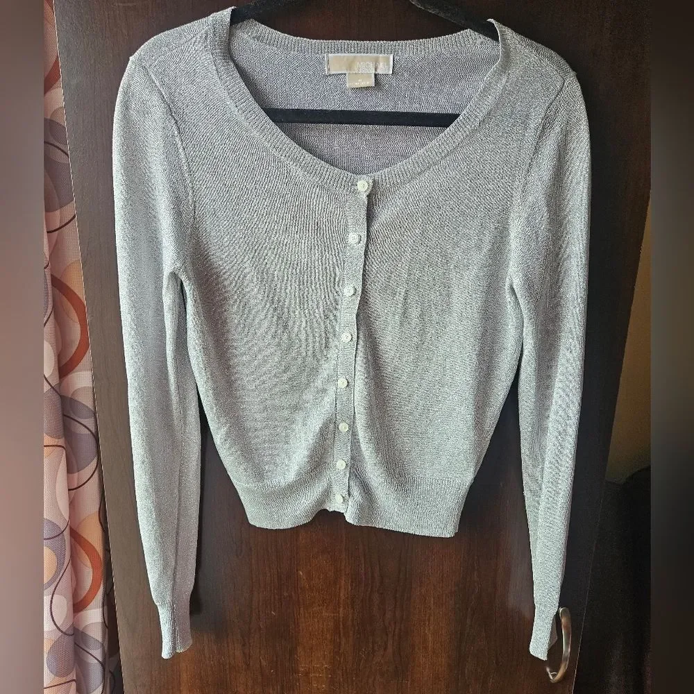 Michael Kors Silver Women's Thin Cardigan Size Medium With Button Up Front